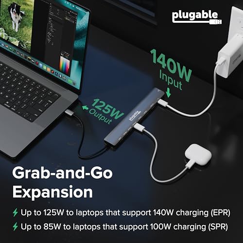 Plugable USB C Hub: 10-in-1 Multiport Adapter (8K/4K 144Hz HDMI 2.1, 2.5G Ethernet, 140W Charging, 10Gbps Data) Driverless IT Deployment for MacBook Pro/Air Windows Thunderbolt Chromebook, USBC-10IN1E