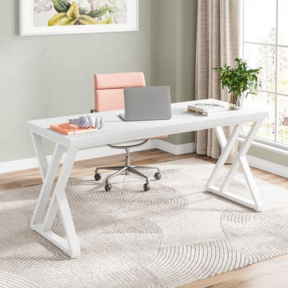Tribesigns Writing Computer Desk, 55 inch Heavy Duty Study Desk with Z-Shaped Metal Leg, Modern Simple Home Office Computer Desk, White - color: White
