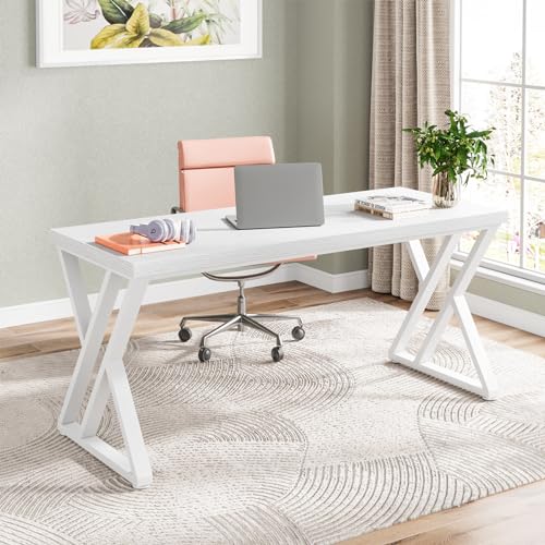 Tribesigns Writing Computer Desk, 55 inch Heavy Duty Study Desk with Z-Shaped Metal Leg, Modern Simple Home Office Computer Desk, White - color: White