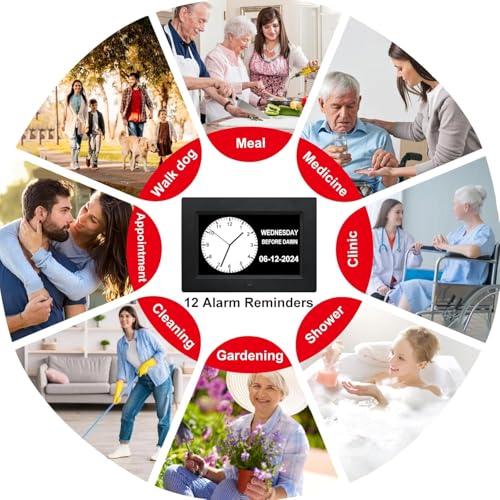 TMC 7 Inch Digital Clock with Day and Date for Elderly - 12 Alarm Options, Auto-Dim, Age Seniors,Elderly, Alzheimer - color: 7"-12 Alarm-black