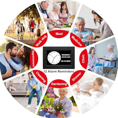 TMC 7 Inch Digital Clock with Day and Date for Elderly - 12 Alarm Options, Auto-Dim, Age Seniors,Elderly, Alzheimer - color: 7"-12 Alarm-black