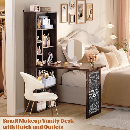 Small Folding Desk with Outlets, Fold-Out Murphy Desk Craft Table | Foldable Wall Mounted Desk Cabinet with Storage, Multi-Function Desk for Small Spaces/Home Office/Craft Room, Black Walnut - color: Black Walnut