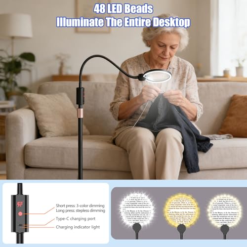 10X Floor Magnifying Glass with Light and Stand,360° Flexible Gooseneck Floor Magnifying Lamp,3 Light Modes,Height Adjustable,Hands Free Magnifier for Reading,Close Work,Craft,Sewing for Seniors