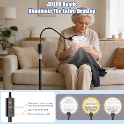 10X Floor Magnifying Glass with Light and Stand,360° Flexible Gooseneck Floor Magnifying Lamp,3 Light Modes,Height Adjustable,Hands Free Magnifier for Reading,Close Work,Craft,Sewing for Seniors