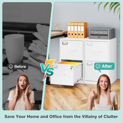 2 Drawer File Cabinet with Lock,Narrow Vertical Filing Cabinet,Under Desk File Cabinets,White Metal File Cabinets for Home Office,Fit Letter/A4/Legal Size File,Easy Assembly - color: White, style: 2 Drawer