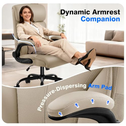 AreShark Office Chair - Executive High Back Breathable Comfy Desk Chair with Lumbar Support - Ergonomic Leather Rolling Swivel Computer Chair with Rock Function for Working Studying Gaming Relaxing - color: Khaki