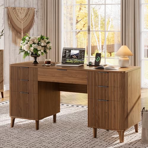 55.1" Fluted Executive Desk with Drawers, Wood Computer Desk with Storage Cabinet, Home Office Desk with Charging Station, Farmhouse Desk with File Cabinet for Office Home (Walnut) - color: Walnut With 4 Legs