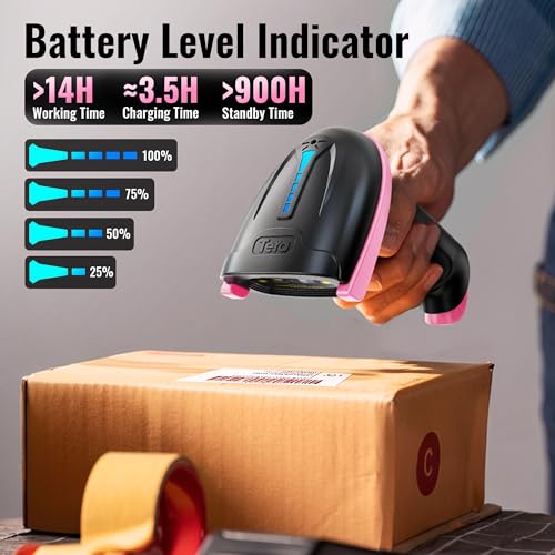 Tera Barcode Scanner with Battery Indicator: 1D Wireless, 5100 Pink | USB Wired 2.4G Wireless Reader, 2200mAh Battery, 1D Laser Scanning, IP54 Protection, Retail Checkout Warehouse Library School - color: 1D Pink