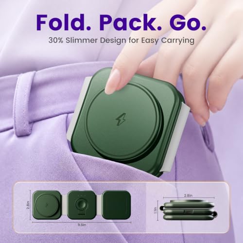 15W Magnetic Travel Charging Station, 3-in-1 Foldable MagSafe Charger - color: Forest Green