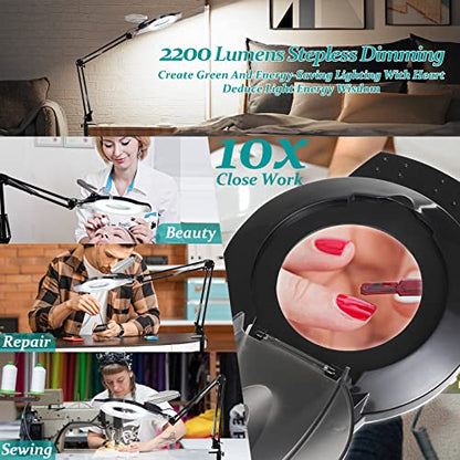 10X & 2200 Lumens Magnifying Glass with Light and Clamp, Black | 144 Flicker-free LED, Stepless Dimmable, 2×14.57" Adjustable Arm Lighted Magnifier Desk Lamp for Hobby Painting Sewing Repair - color: 10x Black