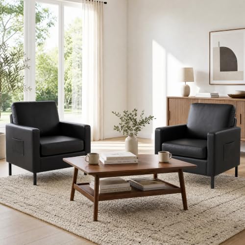 Mid Century Black Leather Mordern Accent Chairs Set of 2 for Living Room | AODAILIHB Cloud Small Sofa With 2 Side Pockets Thick Cushion, Comfy Couch with Metal Leg for Office/Waiting Room/Bedroom/Dorm - size: 2 chairs