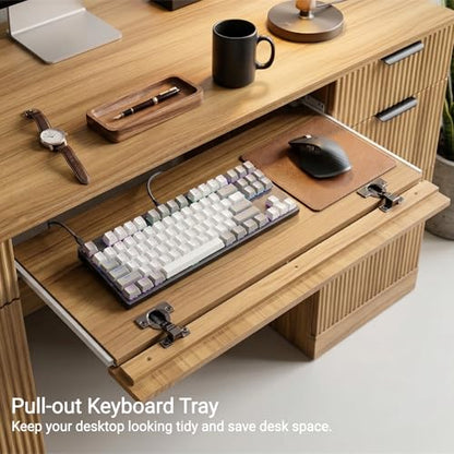 FURSUN 58" Executive Desk with Charging Station & File Drawer, Modern Fluted Home Office Desk with 5 Drawers & Keyboard Tray, Large Computer Writing Desk, Natural Oak - color: Natural Oak, size: Double-Sided Drawers