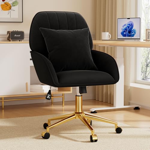 Home Office Desk Chair Comfy with Adjustable Swivel Wheels, Modern Velvet Makeup Vanity Chair with Back & Pillow, Ergonomic Office Chair Computer Task Chair for Living Room, Bedroom, Black - color: Black
