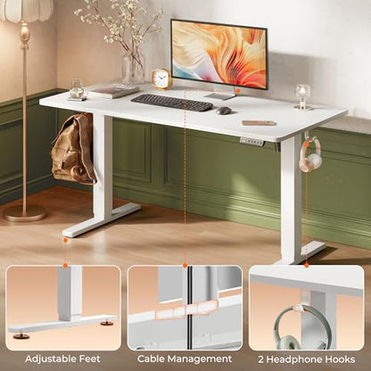 Huuger 55 x 28 Large Electric Standing Desk, Height Adjustable Copmuter Desk, 27.6" Deep Desktop, Stand up Gaming Office Table with 2 Hooks, 3 Preset Heights, for Home Office, White - color: White, size: 55*28 inch (no outlets)