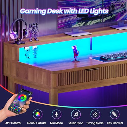 SEDETA Modern Office Desk with 4 Drawers, 59" Fluted Gaming Computer Desk with Storage, LED Lights and Power Strip, Wood Writing Desk Study Table for Home Office, Living Room, Bedroom, Brown - color: Brown