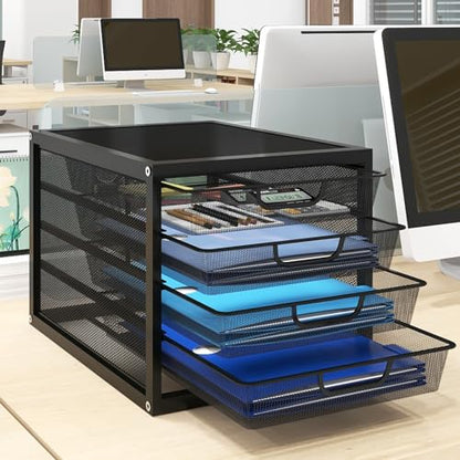 Natwind Mesh Desk Organizer with 4 Tier Sliding Drawers,Black | Paper Sorter, Multi-Functional Home Office Supplies Storage Tray for Letters, Documents,Mail, Files, Arts & Crafts Supplies - size: 4 drawers