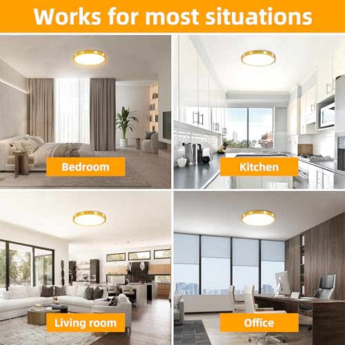 Hlite 12 inch Flush Mount LED Ceiling Light Fixture,2400LM,3CCT,6Pack | 24W Super Slim Light Fixtures Ceiling Mount 3000K/4000K/5000K Selectable,Light Fixtures for Kitchen,Bedroom,Gold - color: Gold, size: 12 inch-6