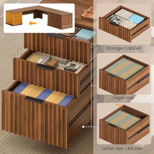 SEDETA Fluted 78.8" L Shaped Desk with 6 Drawers, Fluted Brown - color: Fluted Brown, size: 78.8" L Shaped Desk
