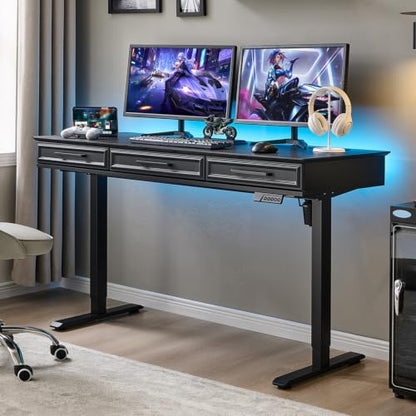 Electric Standing Desk with 3 Storage Drawers, 55x22 Inch Wood Adjustable Height Computer Desk w/One-Piece Desktop, Sit to Stand Up,Power Outlets, Gaming Table for Home Office and Study, Black - color: Black