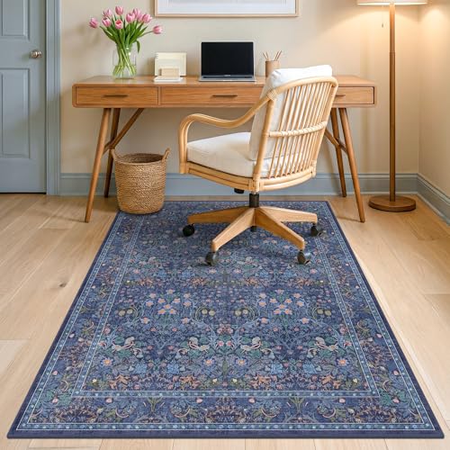 JTJ Office Chair Mat for Hardwood Floors 36" x 48", Boho Under Desk Rug with Non-Slip Backing, Machine Washable Low-Pile Floor Protector for Rolling Computer Chair, 3x4 Navy Blue - color: Forest - Dark Blue, size: 3' x 4'