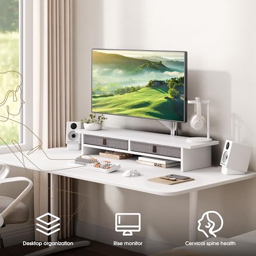 Fenge 35 Inch Monitor Stand with Drawer Storage, Computer Riser for Desk - color: White