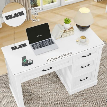 Vabches Farmhouse 47" Executive Desk with Charging Station, Cream White | Computer Desk with Drawers, Workstation Computer Desk with File Drawer for Home Office,Study. - color: Cream White