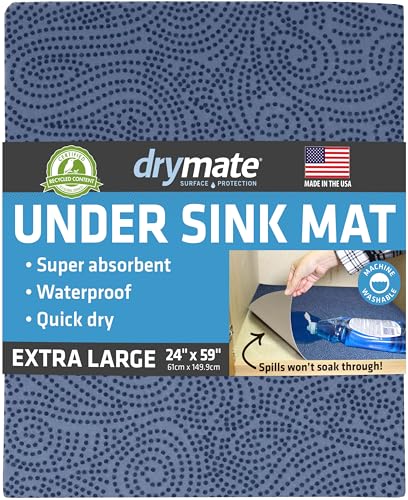 Drymate Premium XL Under Sink Mat, Waterproof Cabinet Protection Mats for Kitchen & Bathroom, Absorbent Shelf Liners, Slip-Resistant, Non-Adhesive, Machine Washable (USA Made)(24”x59”)(Blue) - color: Borage Blue Stucco, size: 24"W x 59"L