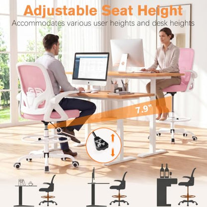 ORRSAKER Drafting Chair, Tall Office Chair with Flip-up Arms, Mesh Ergonomic Computer Standing Desk Chair with Adjustable Height Foot Ring and Lumbar Support, 300 LBS Capacity, Pink - color: Pink