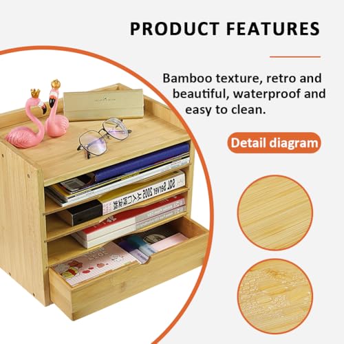 KKTONER 5-Tier Bamboo Desk Organizer with Drawer Tabletop File Organizer Document Holder with Shelf Desktop Cabinet for Home Office School Supplies (Natural)