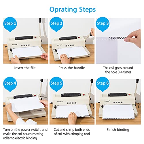 TIANSE Binding Machine - Electric Coil Inserter for Professional Binding, 12-Sheet Punch, for Letter/A4/A5 & Plastic/Metal Coils, with 100 Coil Spines & Pliers for Home, Office, School, DIY