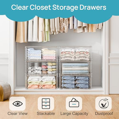 Vtopmart 6 Pack Large Clear Stackable Storage Drawers 23QT | Easily Assemble Plastic Closet Storage Bins, Dust-Proof UnderBed Organizer for Clothing, Sweater Organization - style: 6pk Large
