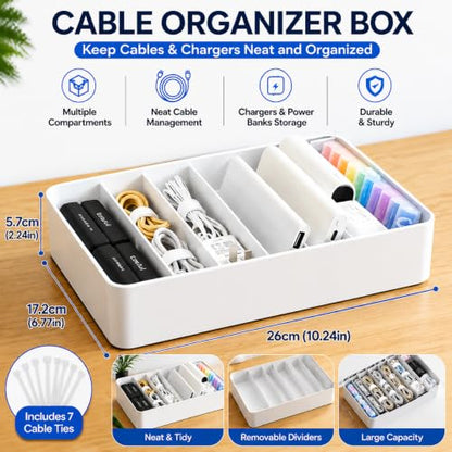 Cable Storage Box with Cable Straps and 6 Magnetic Cable Clips | With 6 Removable Dividers, 7 Cable Ties & 6 Magnetic Clips, Ideal for Chargers, USB Cables & Office Supplies
