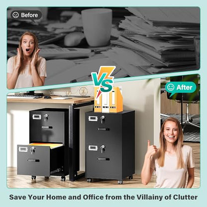 2 Drawer File Cabinet on Wheels,Metal Filing Cabinet with Lock,Black Rolling File Cabinets with Casters,Under Desk Office Cabinets for Home Office,Fit A4/Letter/Legal,Easy Assembly - color: Black, style: 2 Drawer with Wheels