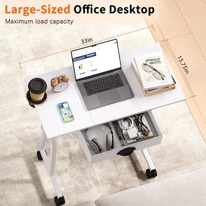 Honkazita Height Adjustable Standing Desk with Storage Drawer, White | Rolling Desk for Treadmill Walking Pad, Small Sit-Stand Desk with Lockable Wheels, Height Range 31.5"-43.3", Stable Design - color: White