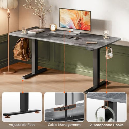 Huuger 63 x 28 Large Electric Standing Desk, Height Adjustable Computer Desk, 27.6" Deep Desktop, Stand up Gaming Office Table with 2 Hooks, 3 Preset Heights, for Home Office, Grey - color: Grey, size: 63*28 inch (no outlets)