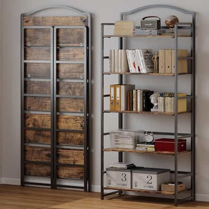 JSB 5 Tier No Assembly Folding Bookshelf, Arched Bookshelf, Foldable Bookcase for Living Room, Bedroom, Office,Skinny Bookshelf (Fire Brown) - color: Fire Brown, size: 5-Tier