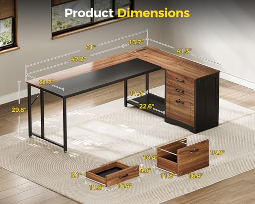 AODK 61" L Shaped Office Desk, Wood Drawers & Lockable File Cabinet, Walnut | Reversible, 21.7" Deep Desktop, 3 Outlets & 2 USB Ports, Engineered Wood & Steel Frame, Legal Storage - size: 61 Inch