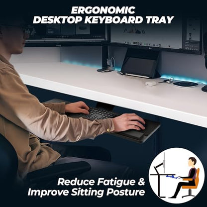 Keyboard Tray Under Desk,360° Adjustable Slide Out Keyboard Tray Under Desk | with Mouse Pad & Wrist Rest，Ergonomic Large Size Keypad Tray Holder， Suitable for Office/Game/Home