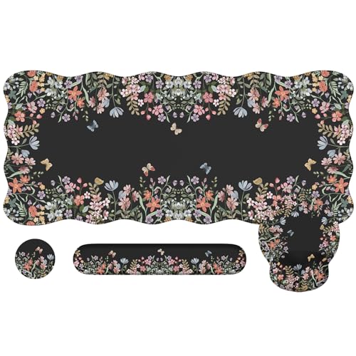 iCasso Black 4in1 Mousepad, 35.4"x15.7" Desk Blotter for Classroom | Workspace Ergonomic Desk Pad Featuring Keyboard Wrist Rest, Girly Mousepad Set for Students Travel Home Office - color: Black