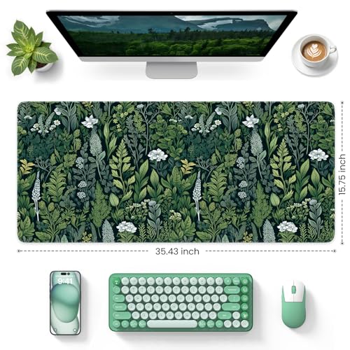 iCasso Desk Mat, Big Desk Pad,XXL Gaming Mouse Pad, Dark Green | 35.4x15.7in Mouse Pad for Desk Rubber Base Mousepad with Stitched Edges,Keyboard Mouse Mat - color: A-green Grass