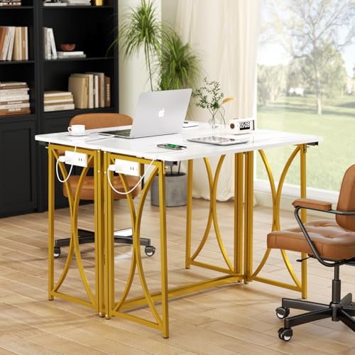 Folding Desk, 31.5" Small Desk for Bedroom with Power Outlet, Space Saving Foldable Computer Desk for Home Office, Easy Assembly, White and Gold - size: medium size02