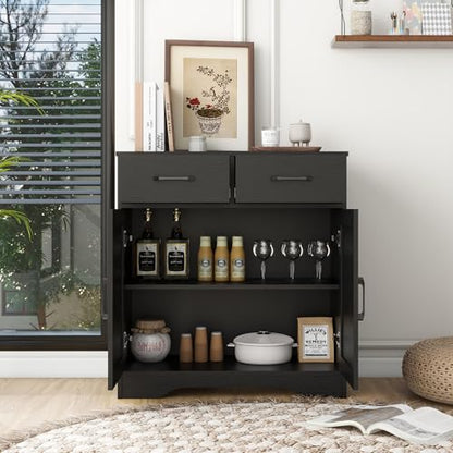 Panana Sideboard 2 Drawers 2 Doors Entryway Storage Cabinet Living Room Organizer Farmhouse Style Wooden Kitchen Cupboard (Black) - color: Black