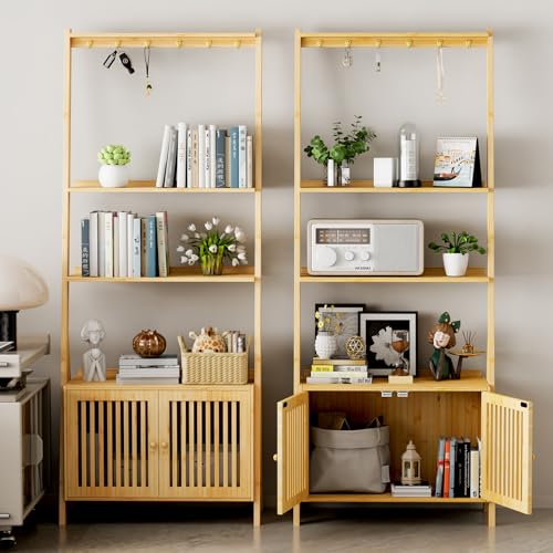 Bookshelf with Drawers, 4-Tier Bamboo Bookcase Ladder Shelf with 6 Hooks - color: 4-tier Natural