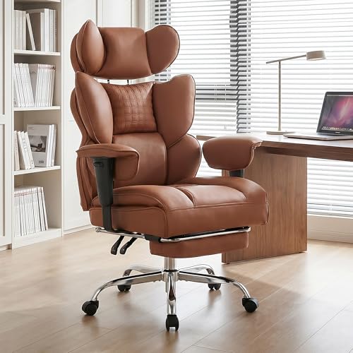 Big and Tall Office Chair 400 LBS, for Adults, Home Office | PU Leather, Executive Ergonomic Desk Chair with Footrest, Lumbar Support, Wide Seat ,Reclining, Adjustable Armrest, Brown - color: Brown, size: Adjustable Armrest