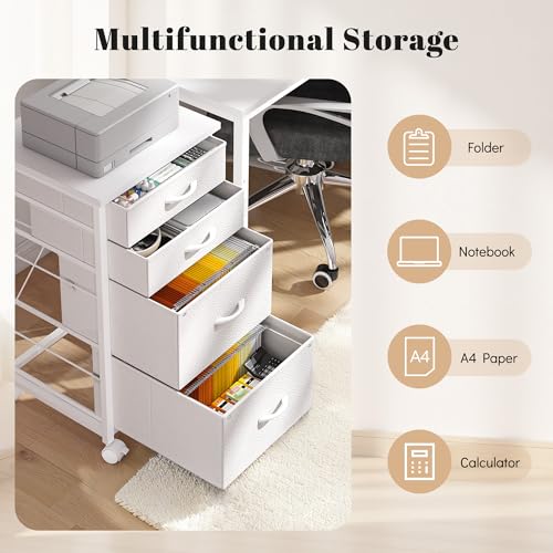 DurayLoly 4-Drawer Rolling File Cabinet Fits A4 Letter Size For Home Office | Printer Stand With Stable Frame, Large Capacity, Easy To Move And Assemble With Lockable Casters, White - color: White