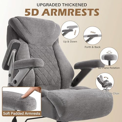 Fabric 700lbs Big and Tall Office Chair, Ergonomic Heavy Duty Executive Cloth Office Chair with 5D Flip Arms & Adjustable Lumbar Support & Dual Rubber Wheel, Large Thick Padded Extra Wide Seat, Grey - color: Grey