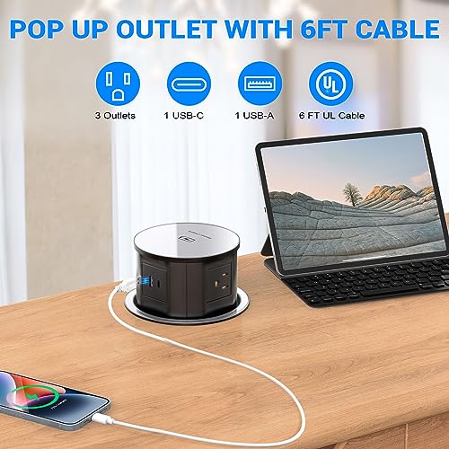 XBA Pop Up Outlet for Countertop with 20W USB C, Recessed Power Strip 4-3/4'' Hidden Outlet with 15W Wireless Charger Electrical Power Socket with 4 AC Plug and 1 USB-A Port for Kitchen(Black) - color: Black