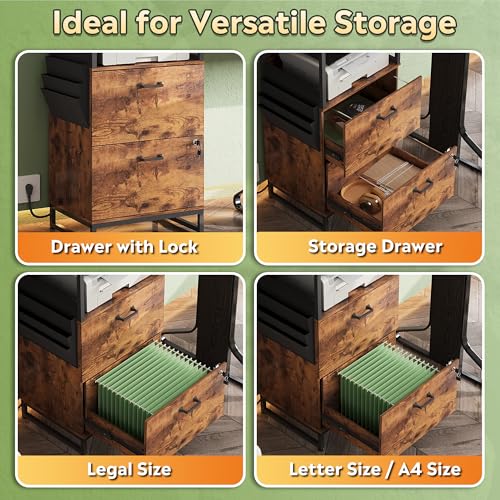 DEVAISE 2 Drawer File Cabinet with Charging Station and 4-Tier Bookshelf, Tall Filing Cabinet for Office Storage, Printer Stand fits Filing Cabinets for Home Office, Rustic Brown