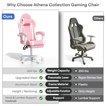 Athena Collection Ergonomic Gaming Chair for Adults, Pink | Height Adjustable Office Chair Computer Desk Chair with Footrest & Headrest Lumbar Support for Office & Home, 350lbs - color: Pink & Wihte