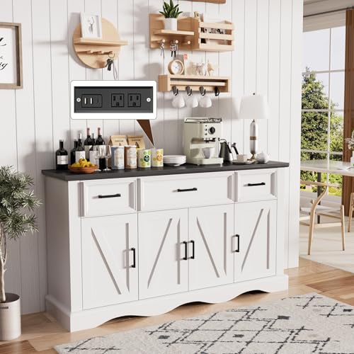 56" White Modern Farmhouse Sideboard Buffet Cabinet with Charging Station | 4 Doors 3 Drawers, Adjustable Shelves & Soft Close Hinges; Coffee Bar for Kitchen Living Room Entryway; Easy Assembly - color: White, size: 3 drawers and 4 doors